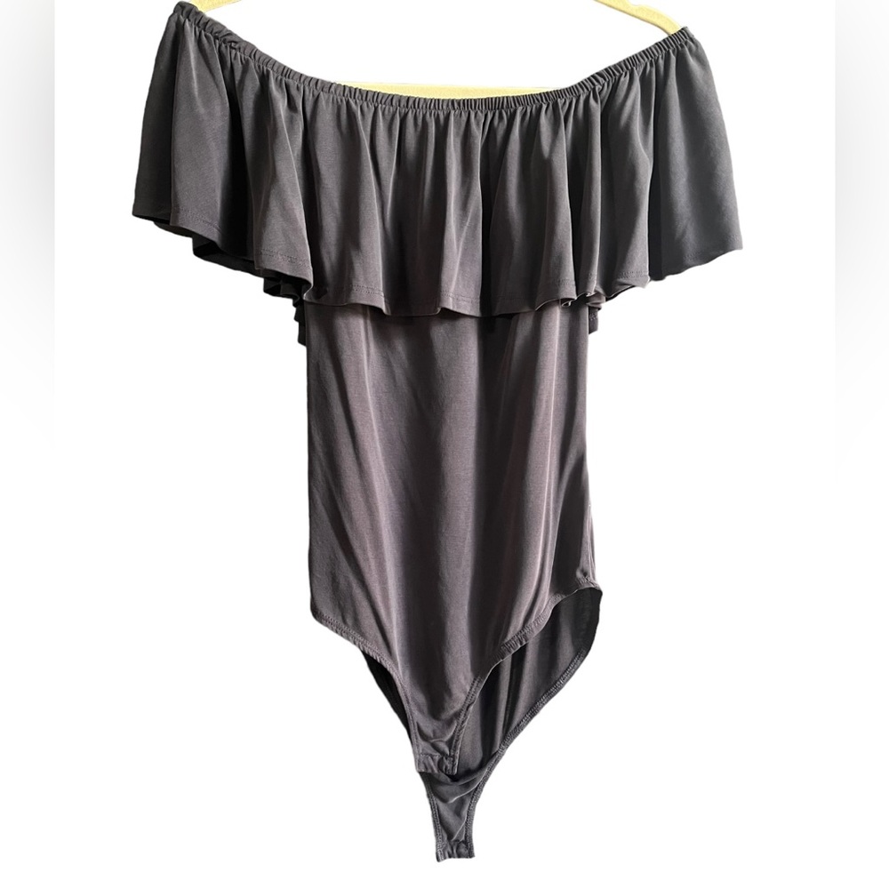 Charcoal Off-Shoulder‎ Ruffle Bodysuit